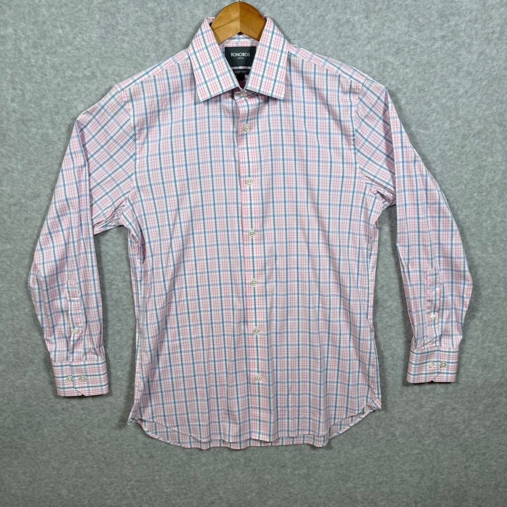 Bonobos Performance Stretch Tailored Slim Fit Dress Shirt Pink Blue Plaid